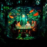 Poster verde de varios escritores tomando y bebiendo en una mesa adentro de un lugar místico con peces volando y mucha vegetación exótica rememorando e imaginando el Caribe. Historias, novelas, cuentos, artículos, mitos y leyendas de Colombia y el Caribe llenos de Realismo Mágico.