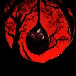 Poster rojo del cuento Pueblo Rutinario donde se observa a Libardo nacer como fruta de tamarindo. Historias, novelas, cuentos, artículos, mitos y leyendas de Colombia y el Caribe llenos de Realismo Mágico.